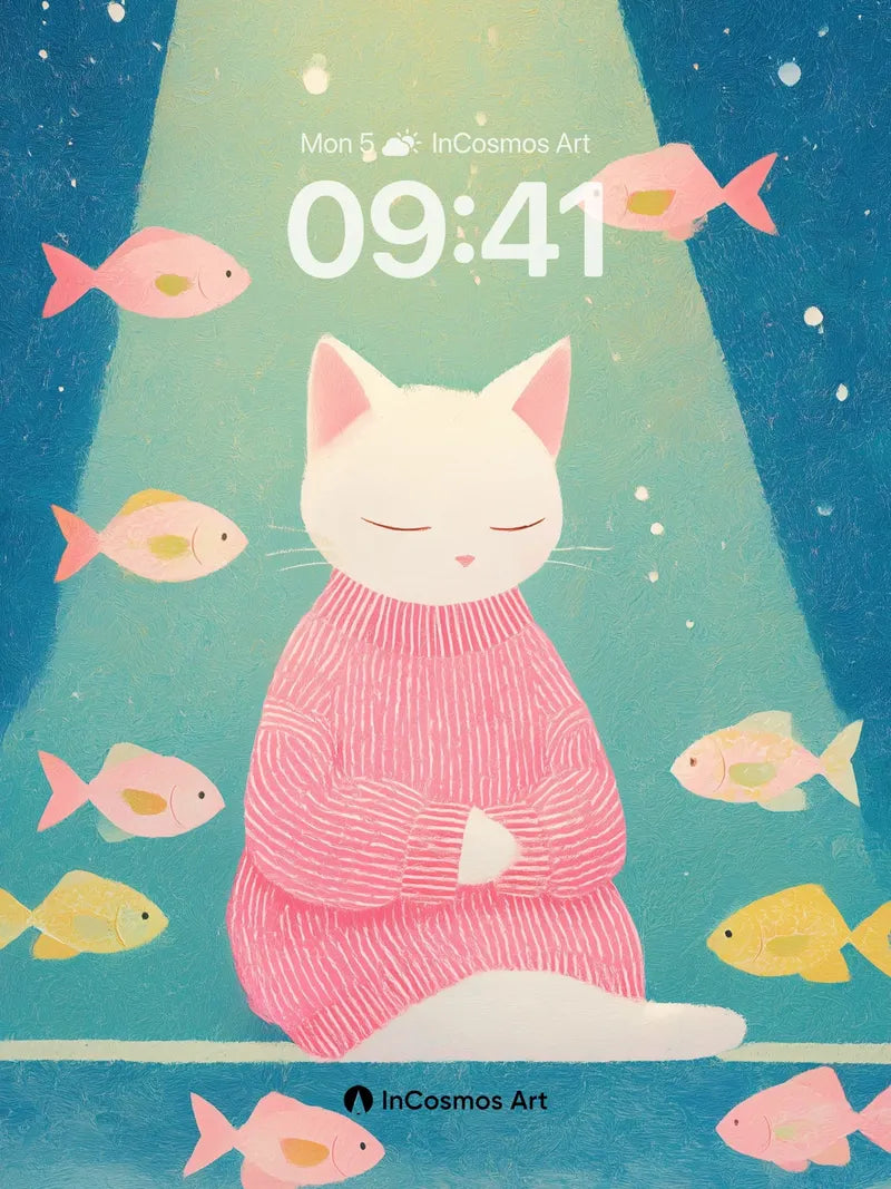 Serene Cat Meditation Wallpaper with Floating Fish wallpaper for iPhone, iPad & Mac