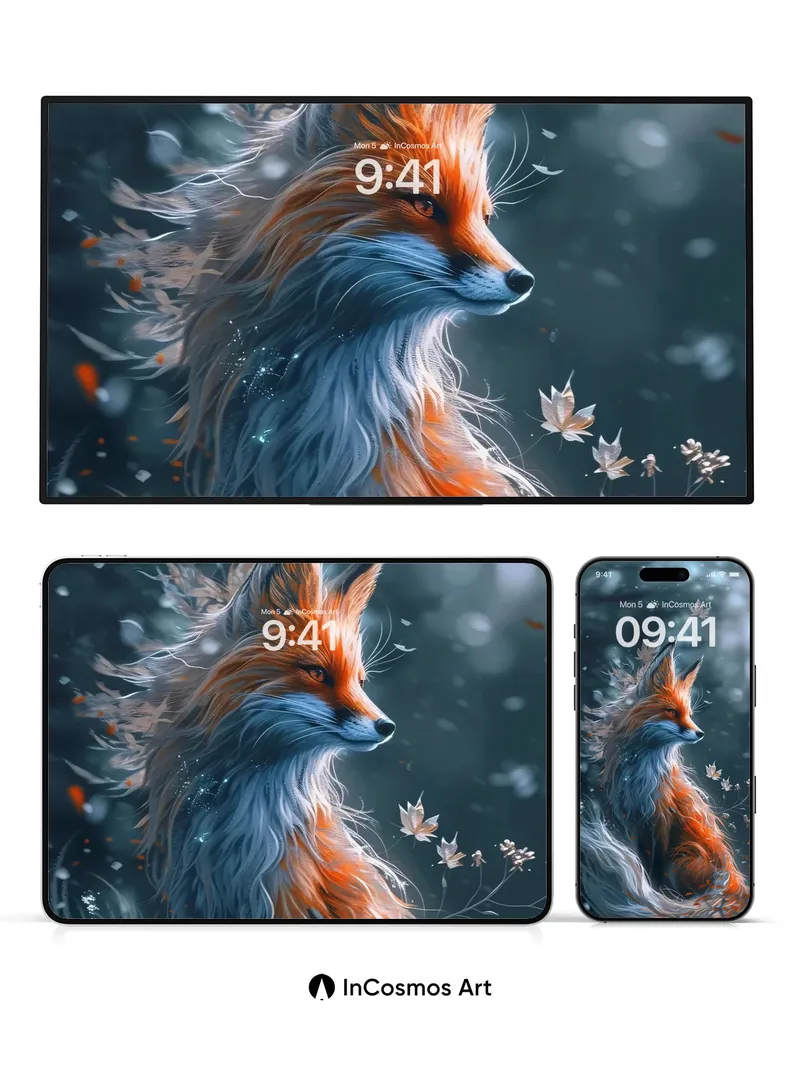 Whispering Fox Wallpaper with Floating Leaves