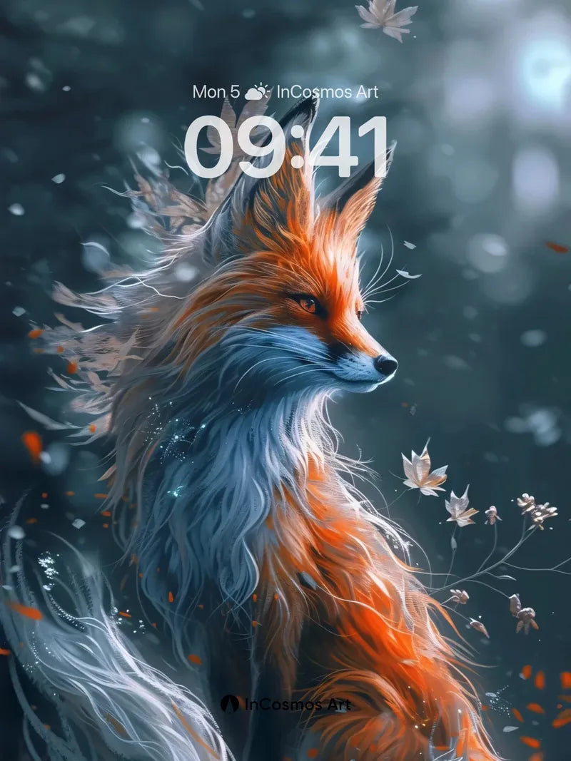 Whispering Fox Wallpaper with Floating Leaves