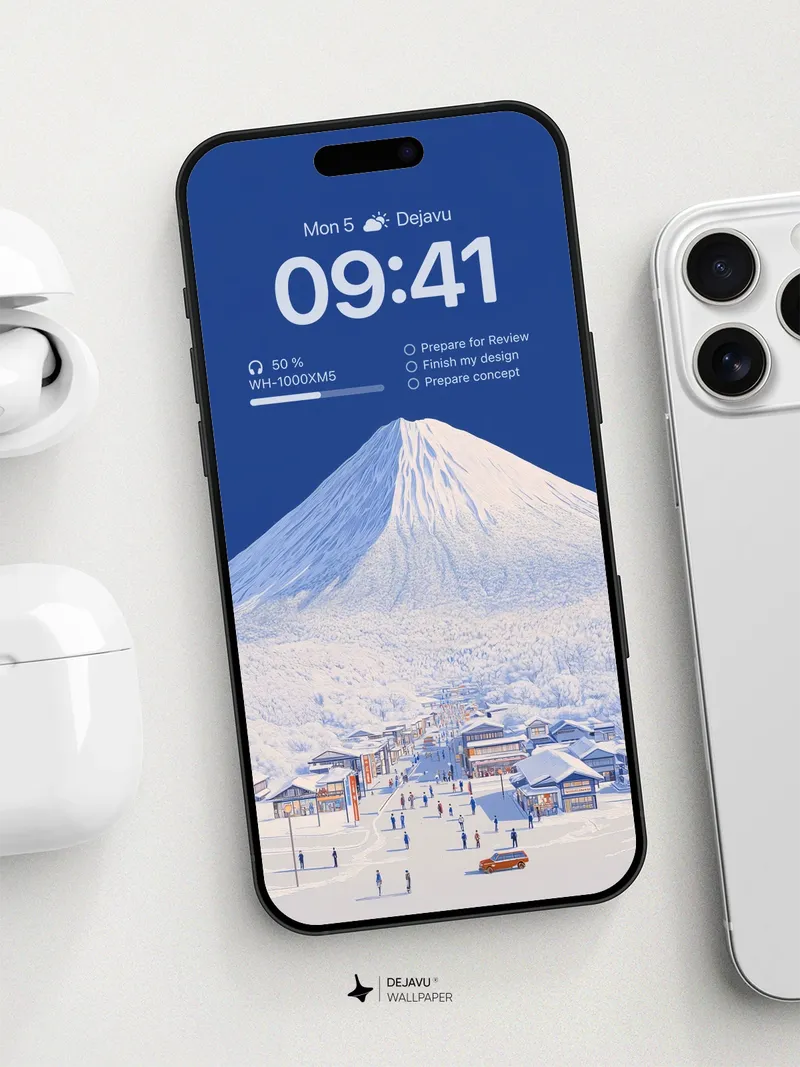 8K Minimal Aesthetic Illustration of Snowy Mountain Village