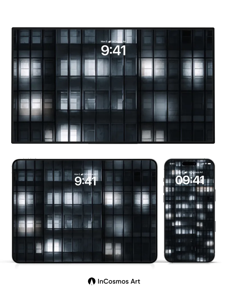 Midnight Grid Wallpaper with Flickering Windows