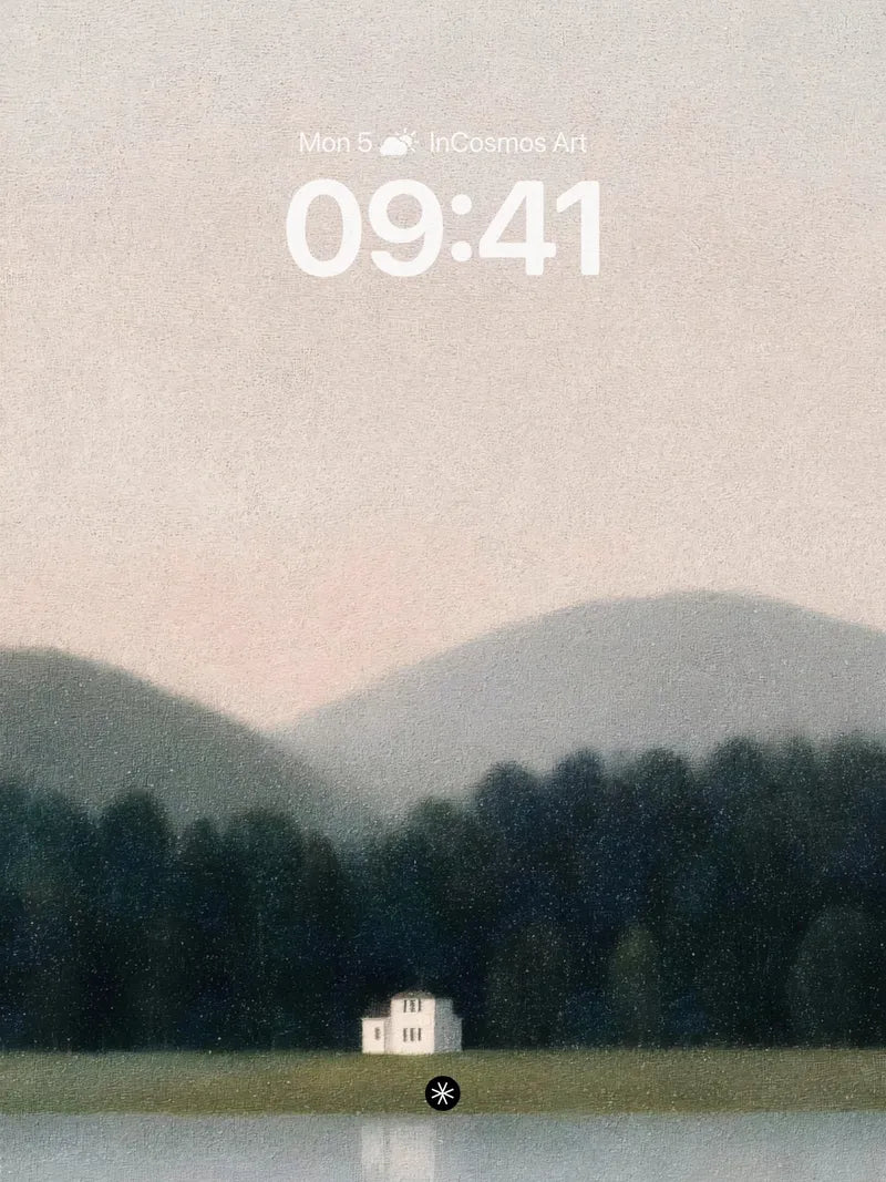 Serene Mist Lake Wallpaper with Distant Cottage wallpaper for iPhone, iPad & Mac