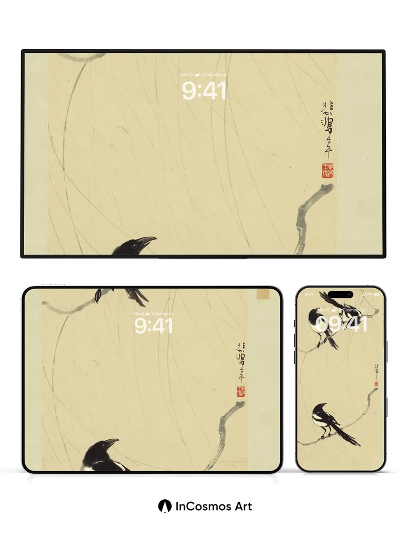 Serenity in Ink Wallpaper with Magpie Whispers