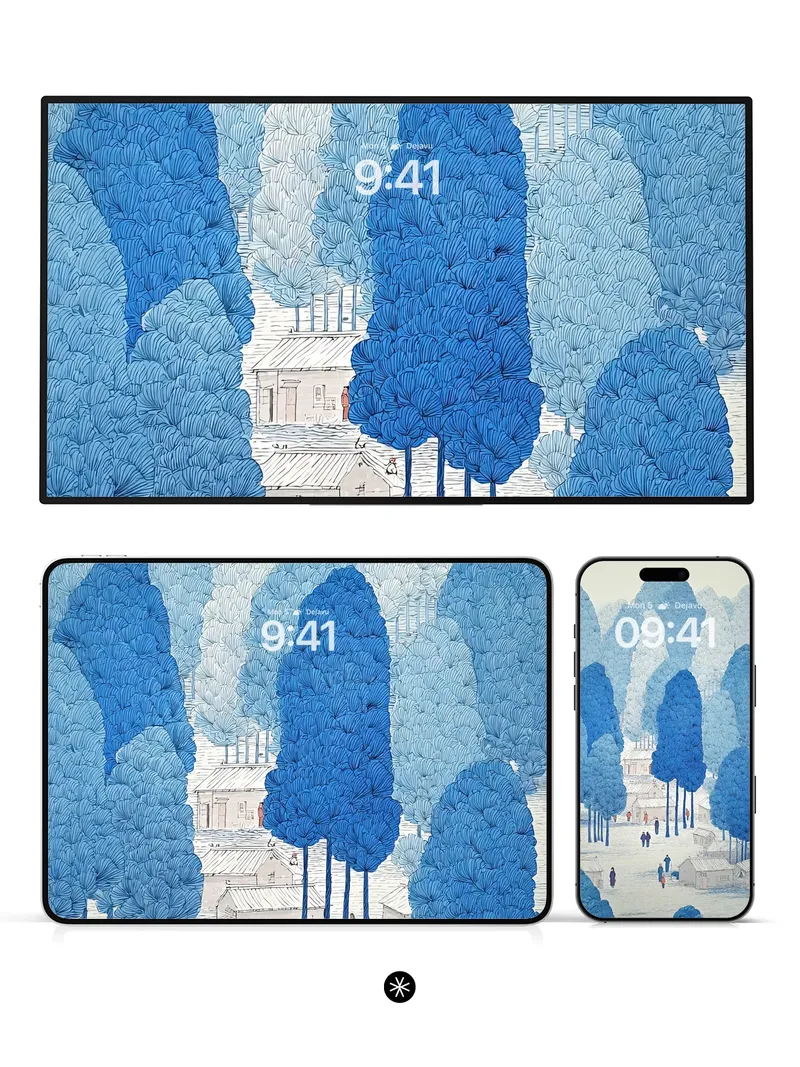Blue Trees Village Wallpaper