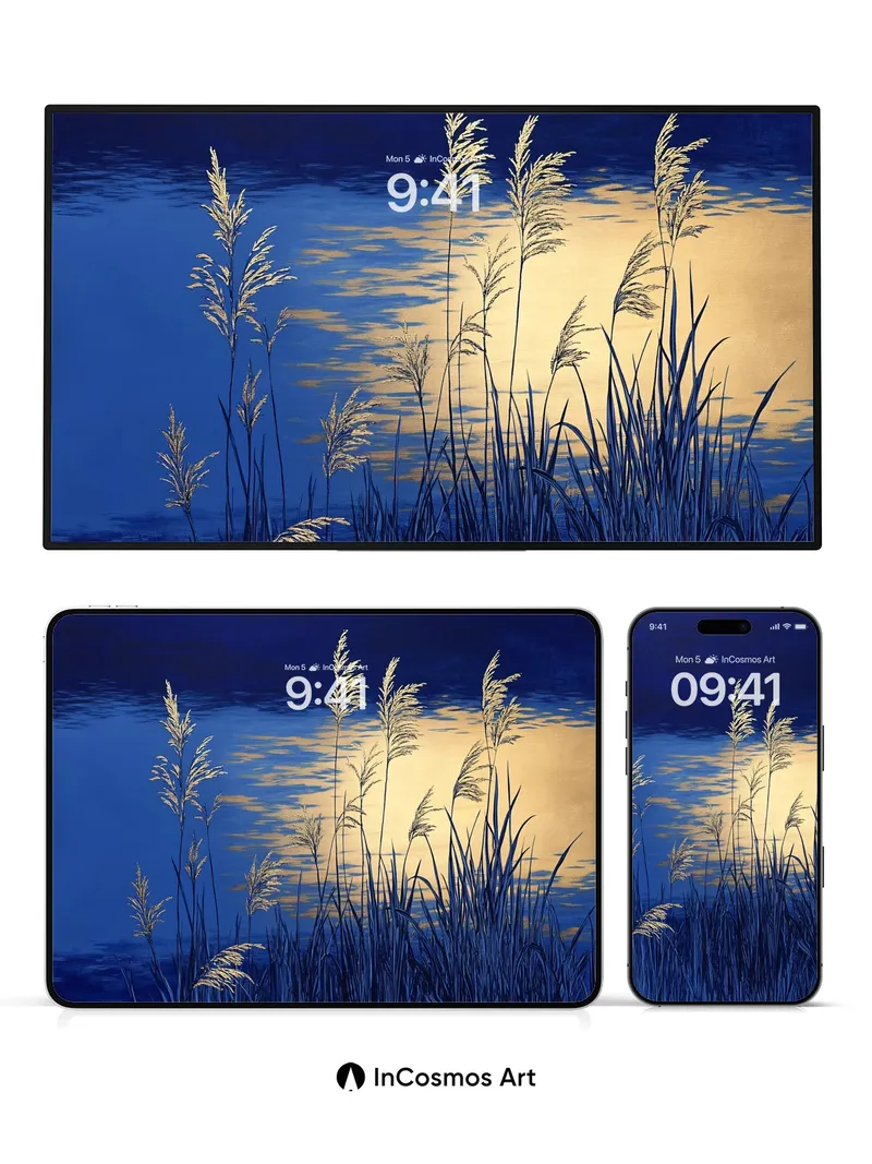 Moonlit Reeds Wallpaper with Golden Reflections