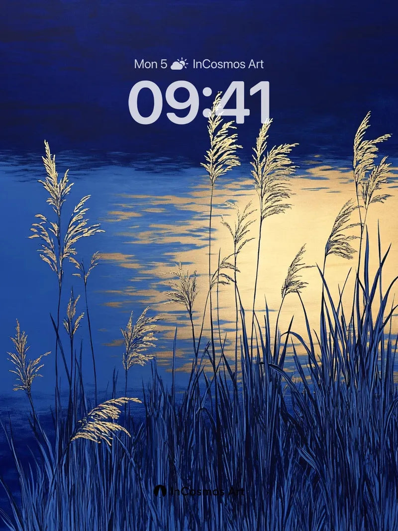 Moonlit Reeds Wallpaper with Golden Reflections