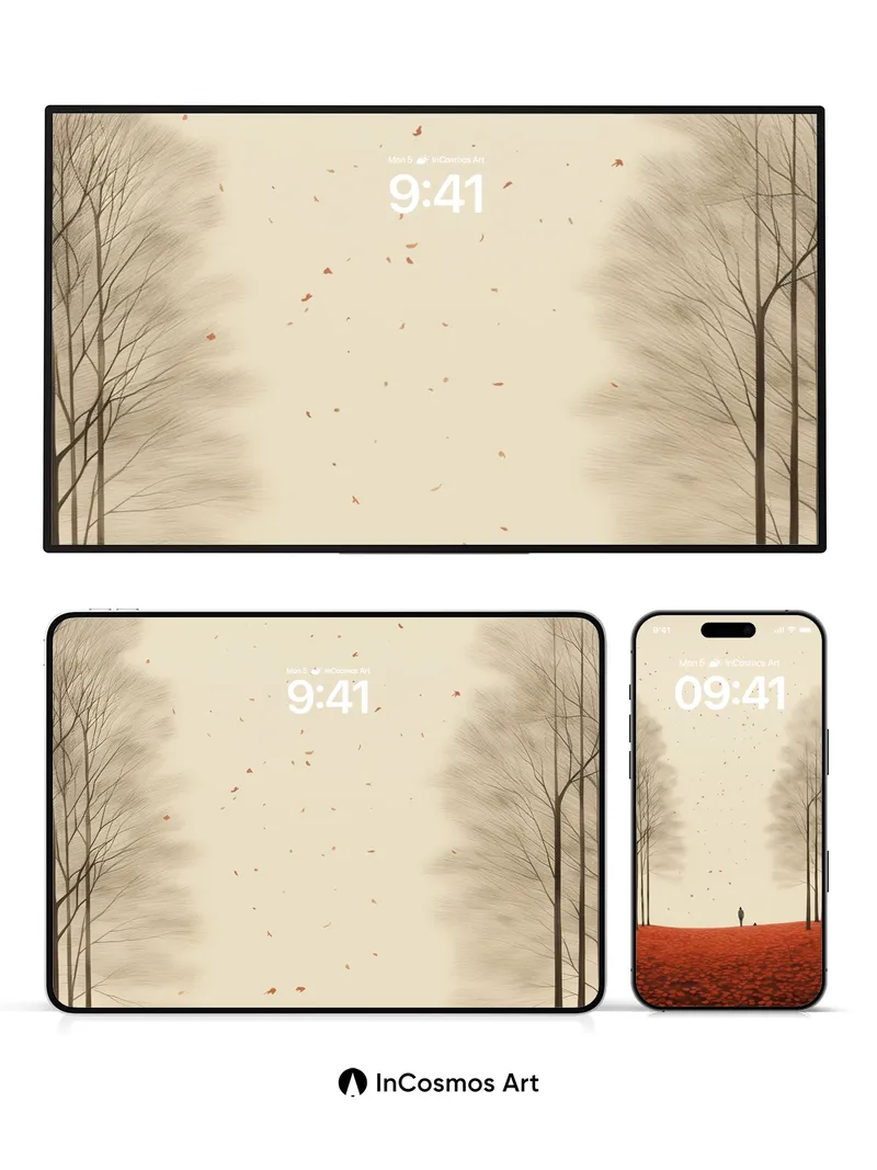 Solitary Autumn Wallpaper with Floating Leaves