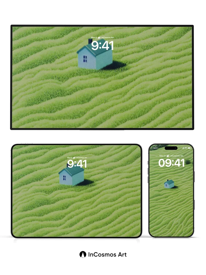 Serenity Field Wallpaper with Solitary Cottage