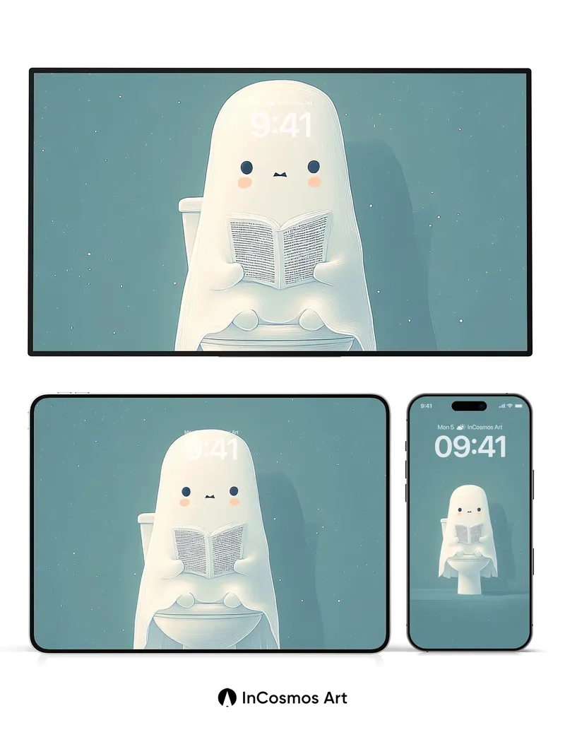 Serene Ghost Reading Wallpaper with Toilet Perch