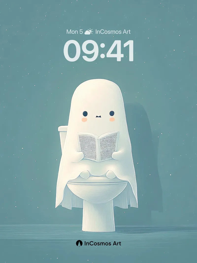 Serene Ghost Reading Wallpaper with Toilet Perch