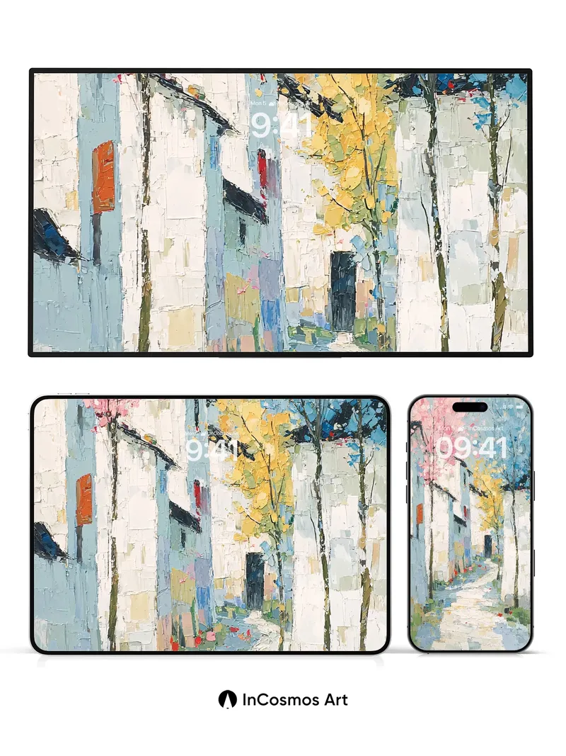 Serene Cherry Path Wallpaper with Impressionist Light