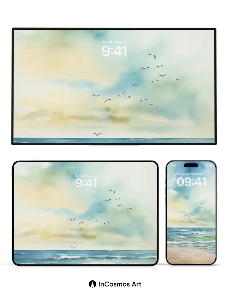 Serenity Seascape Wallpaper with Floating Clouds