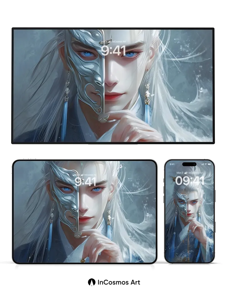 Silver Veil Wallpaper with Celestial Mask