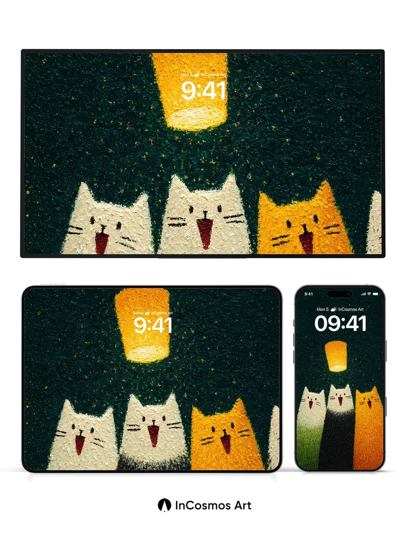 Whispering Cats Wallpaper with Floating Lantern