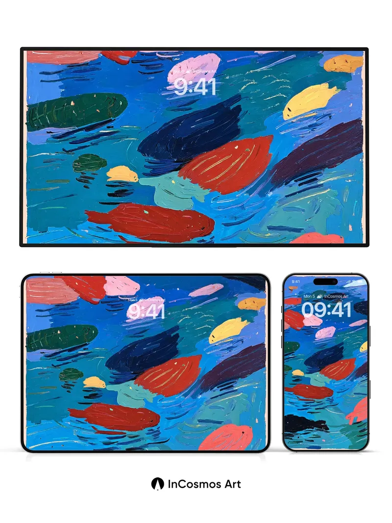 Whimsical Koi Wallpaper with Floating Color Blooms