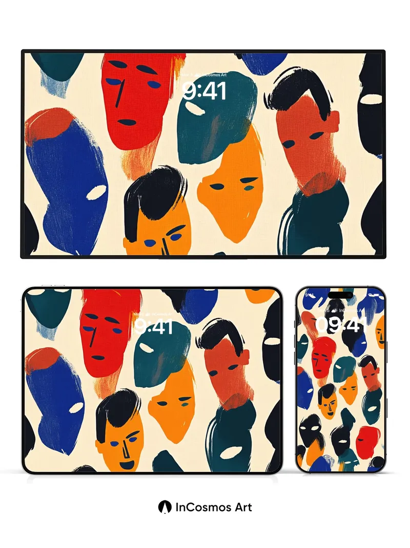 Chromatic Mask Wallpaper with Playful Faces