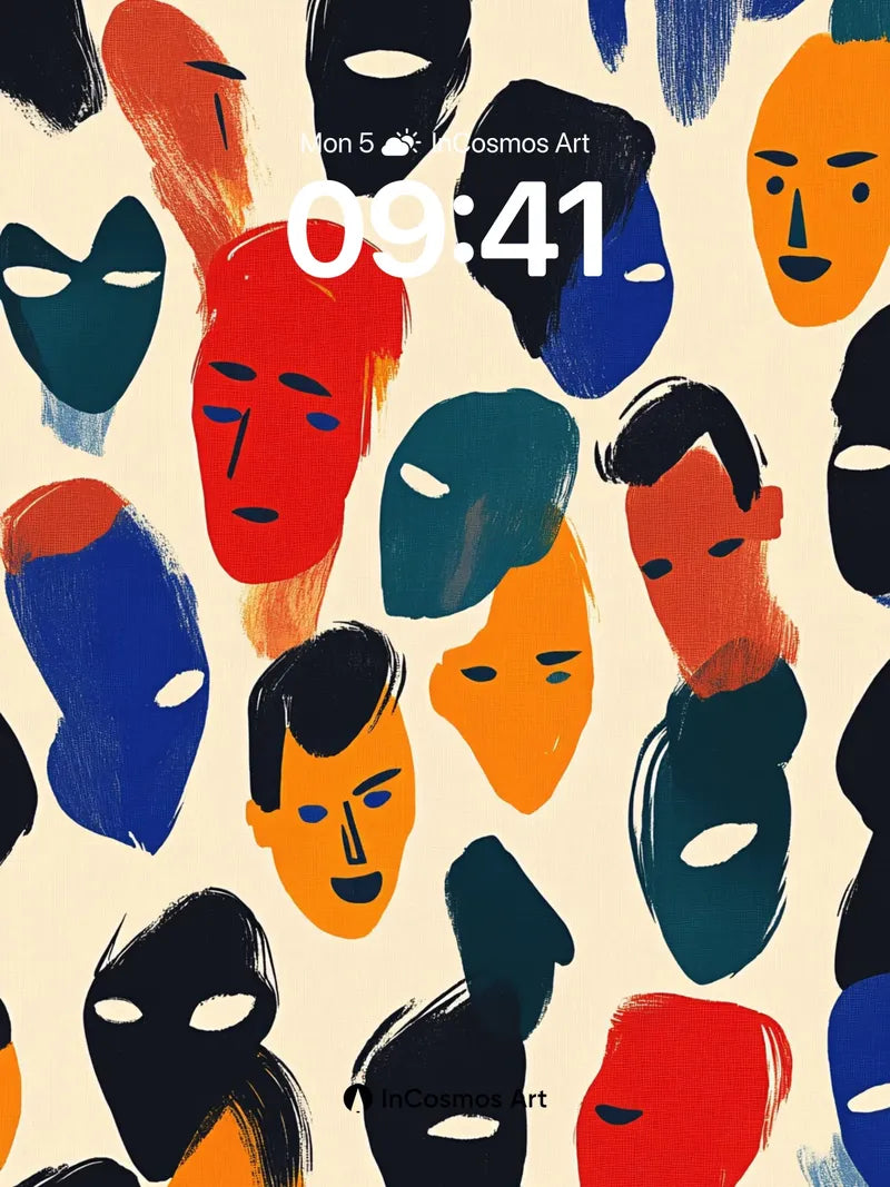 Chromatic Mask Wallpaper with Playful Faces