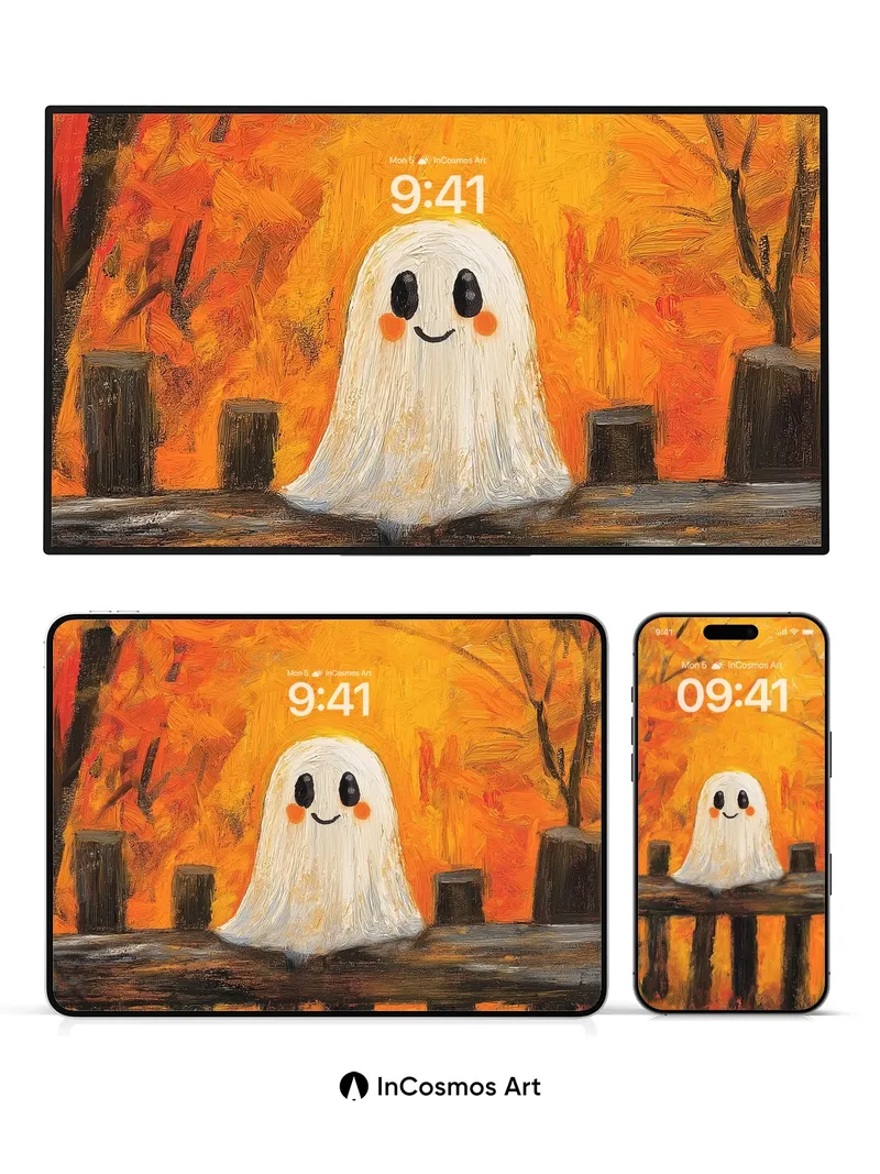 Whimsical Ghost Wallpaper with Autumn Fire