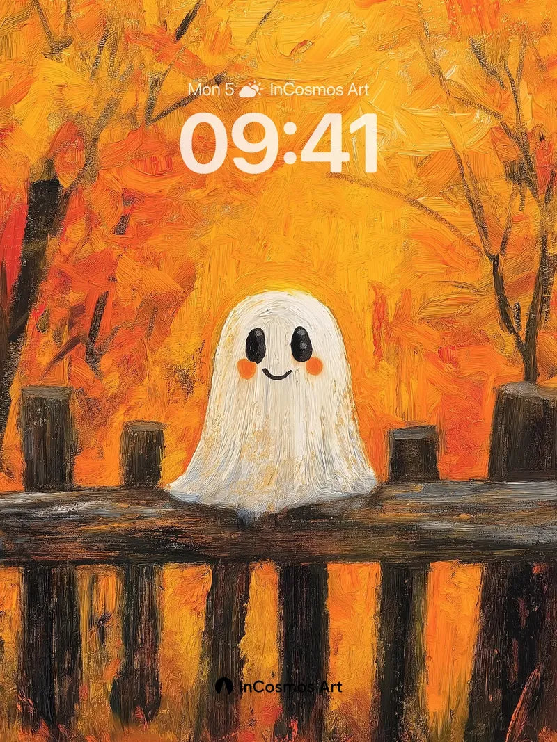 Whimsical Ghost Wallpaper with Autumn Fire