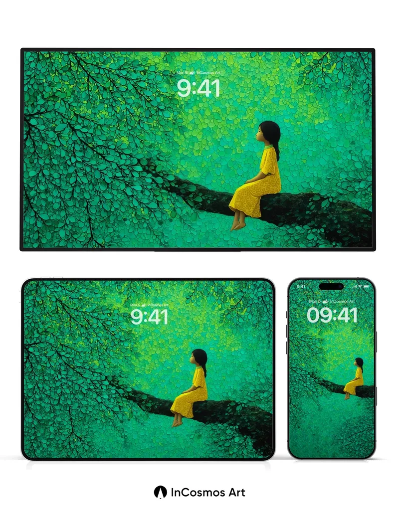 Emerald Canopy Wallpaper with Floating Light