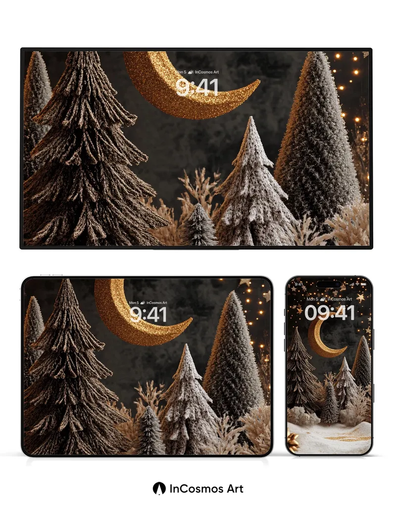 Golden Moonlight Wallpaper with Frost-Kissed Pines
