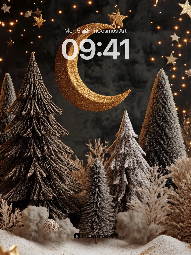Golden Moonlight Wallpaper with Frost-Kissed Pines