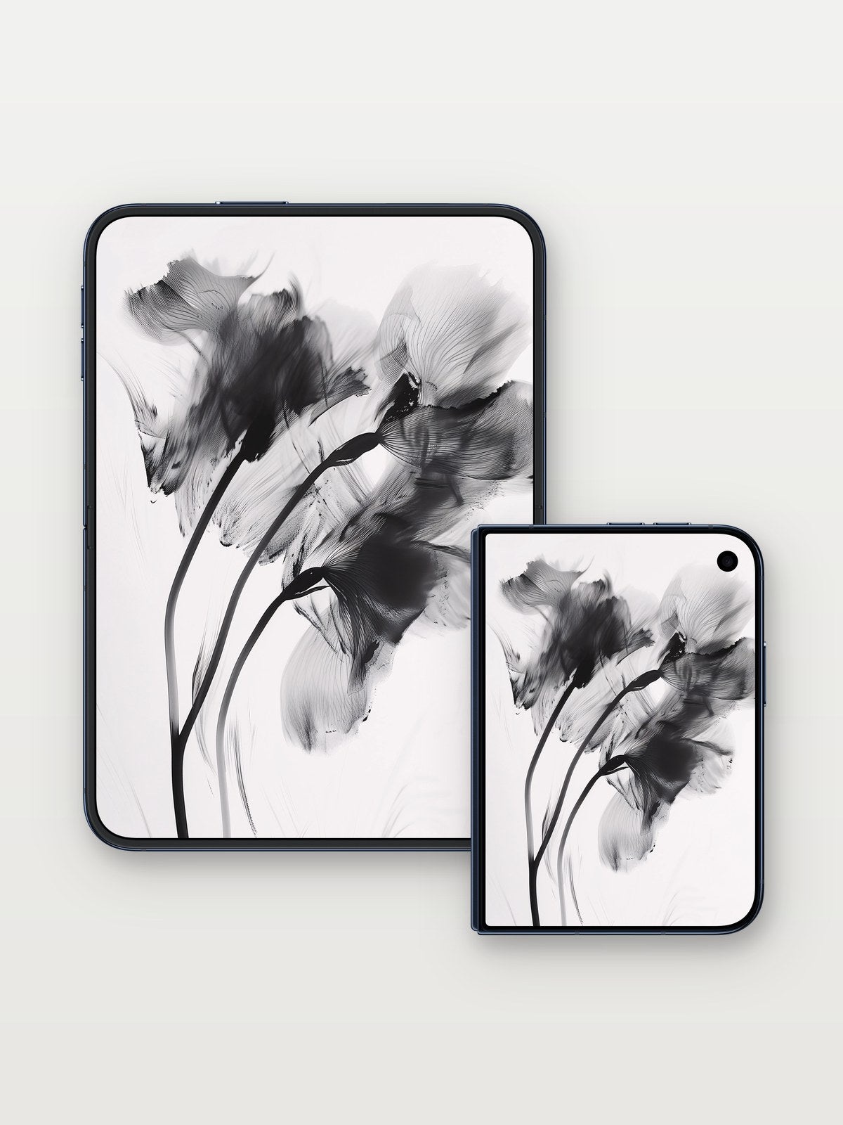 Ink Bloom Wallpaper with Ethereal Stems on iPhone Duo, open and closed