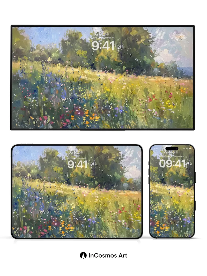 Sunlit Meadow Wallpaper with Impressionist Brushstrokes