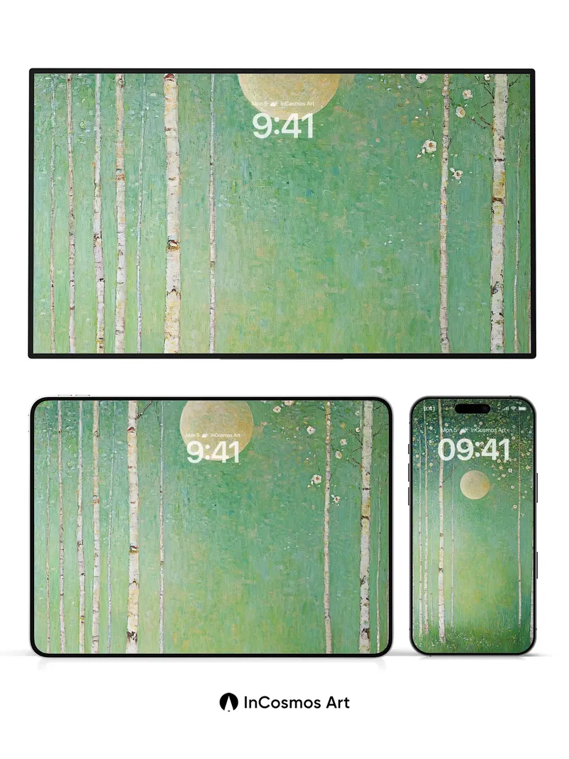 Luminous Birch Forest Wallpaper with Celestial Moon