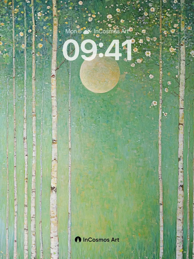 Luminous Birch Forest Wallpaper with Celestial Moon