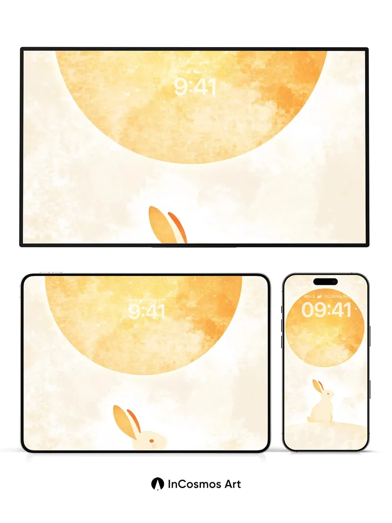 Golden Hush Wallpaper with Moonlit Rabbit