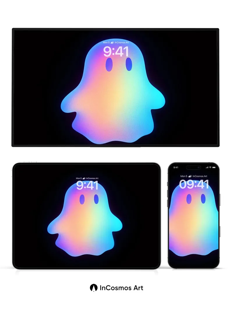 Luminous Ghost Wallpaper with Rainbow Pulse