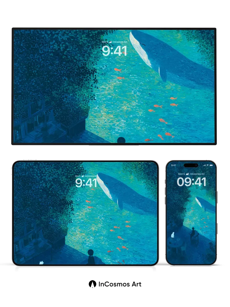 Whispering Depths Wallpaper with Floating Whale