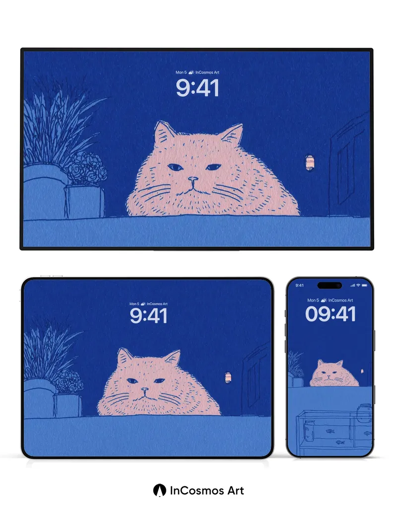 Midnight Whisker Wallpaper with Floating Fish