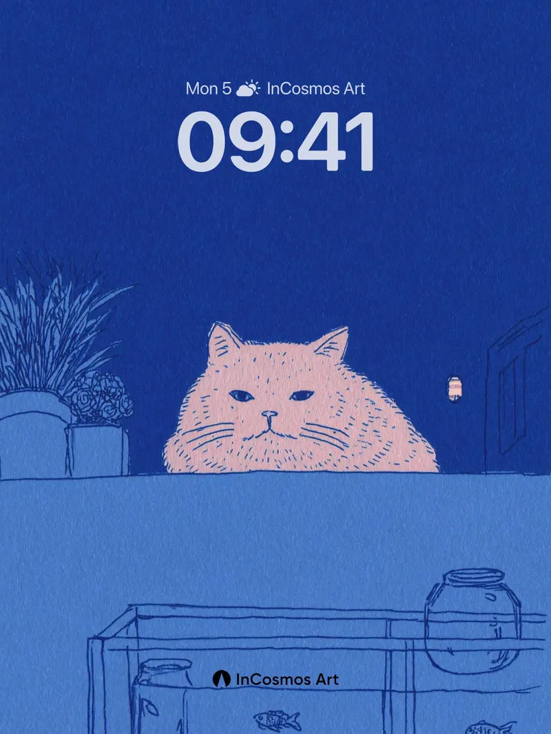 Midnight Whisker Wallpaper with Floating Fish