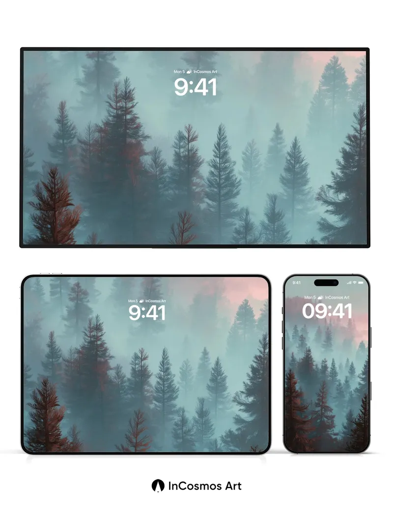 Mist-Swathed Pine Wallpaper with Dusky Hues