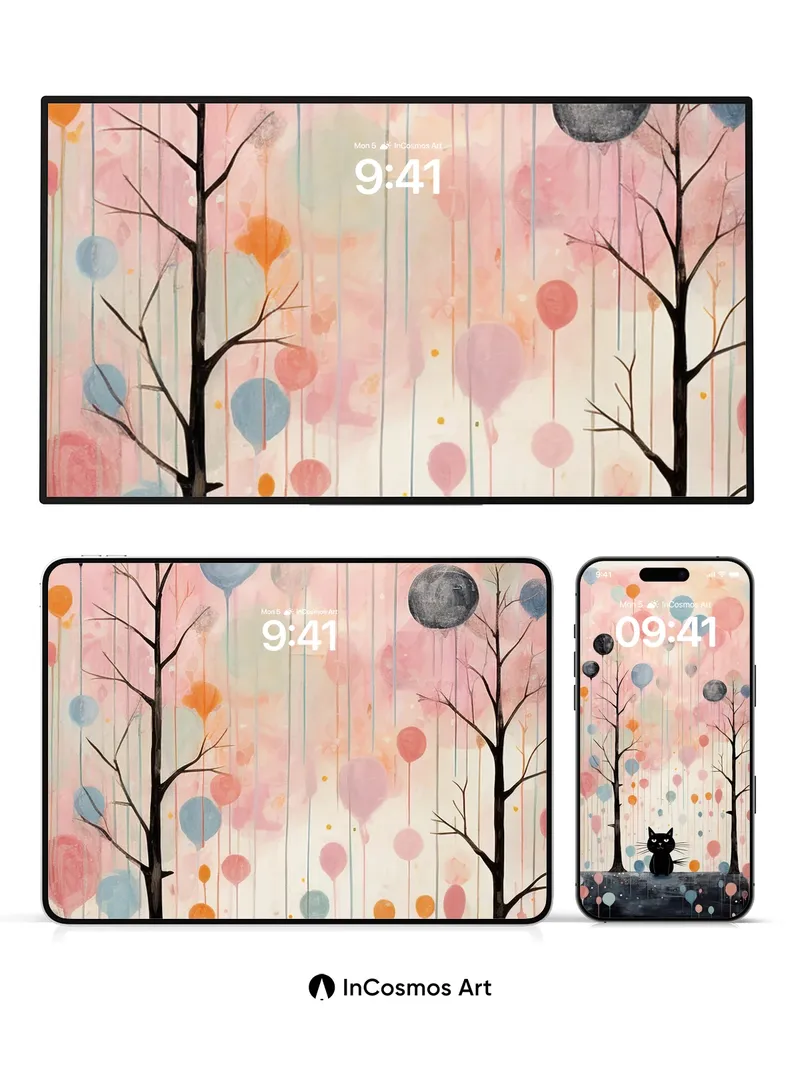 Whimsical Balloon Rain Wallpaper with Midnight Cat