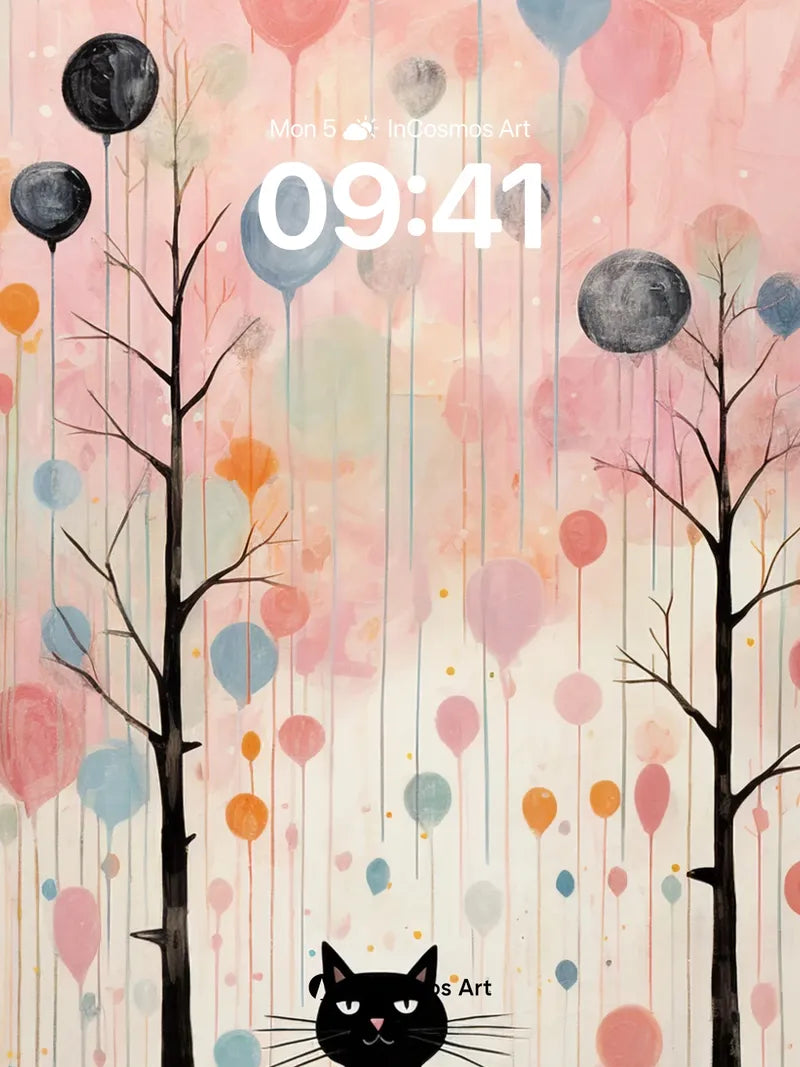 Whimsical Balloon Rain Wallpaper with Midnight Cat