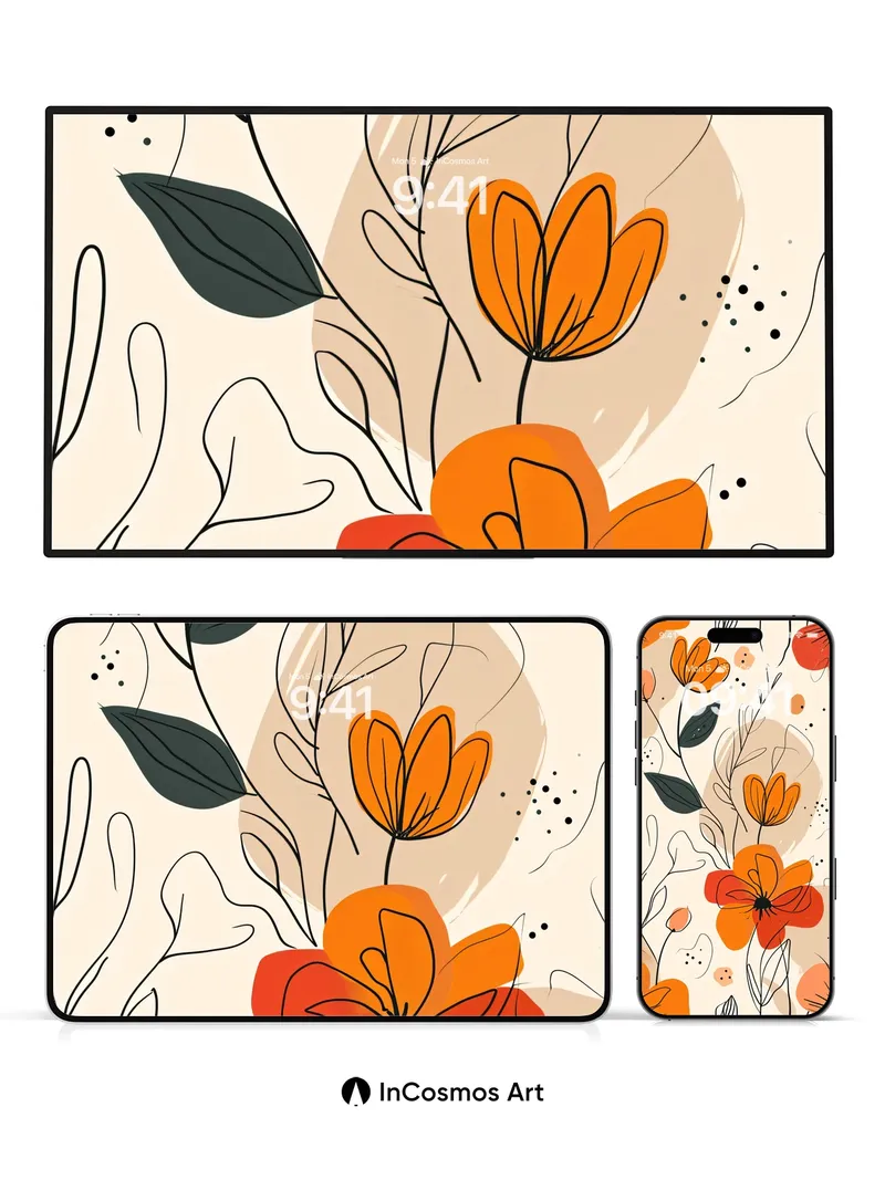Autumn Hush Floral Wallpaper with Doodle Lines