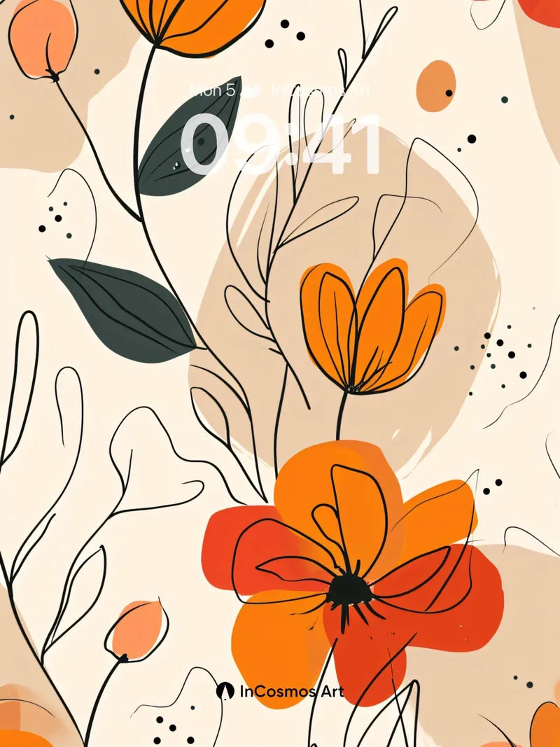 Autumn Hush Floral Wallpaper with Doodle Lines