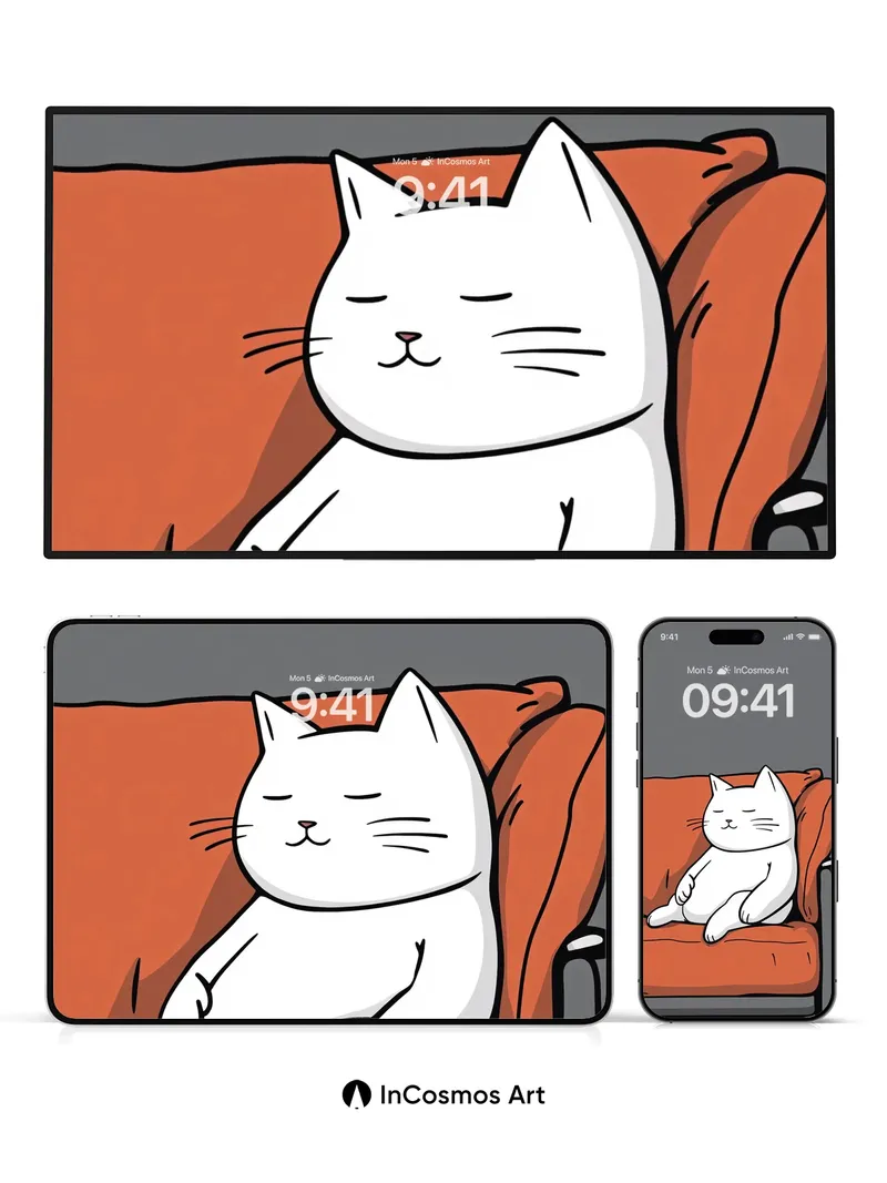 Serene White Cat Wallpaper with Orange Couch Hug