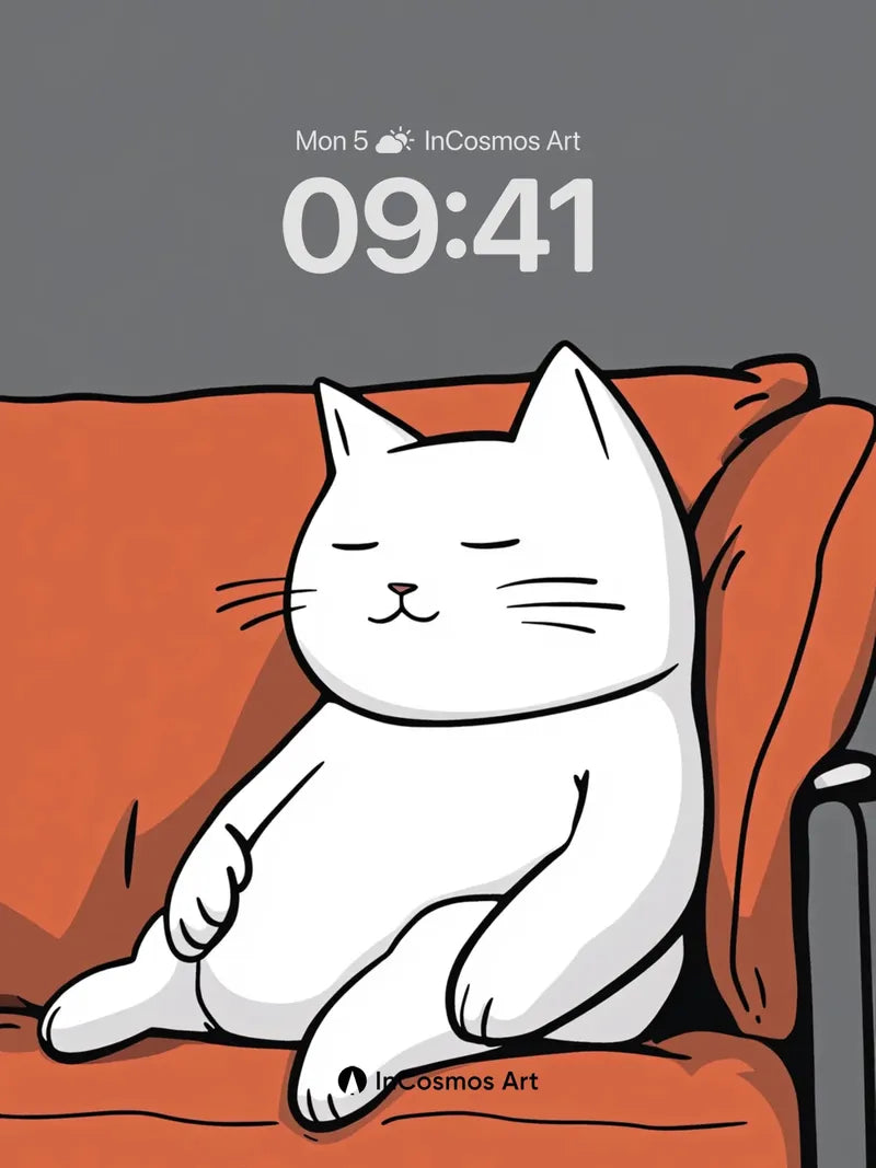 Serene White Cat Wallpaper with Orange Couch Hug
