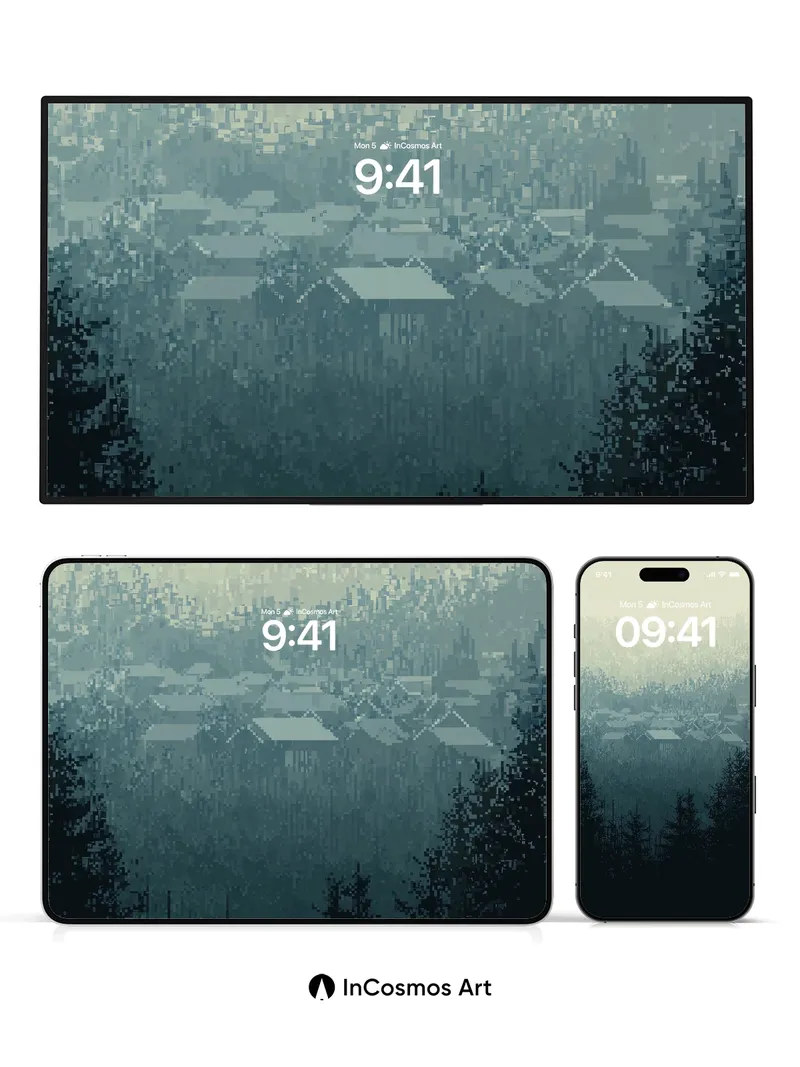 Misty Village Wallpaper with Pixelated Serenity