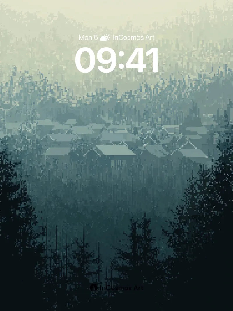 Misty Village Wallpaper with Pixelated Serenity