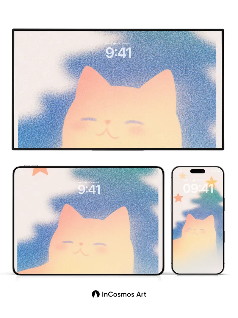 Serene Starlight Wallpaper with Fuzzy Cat Silhouette