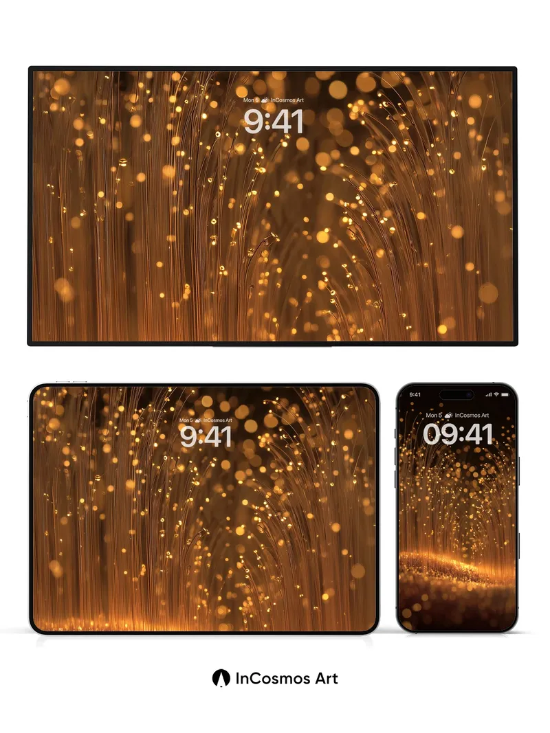 Golden Veil Wallpaper with Floating Light Fibers