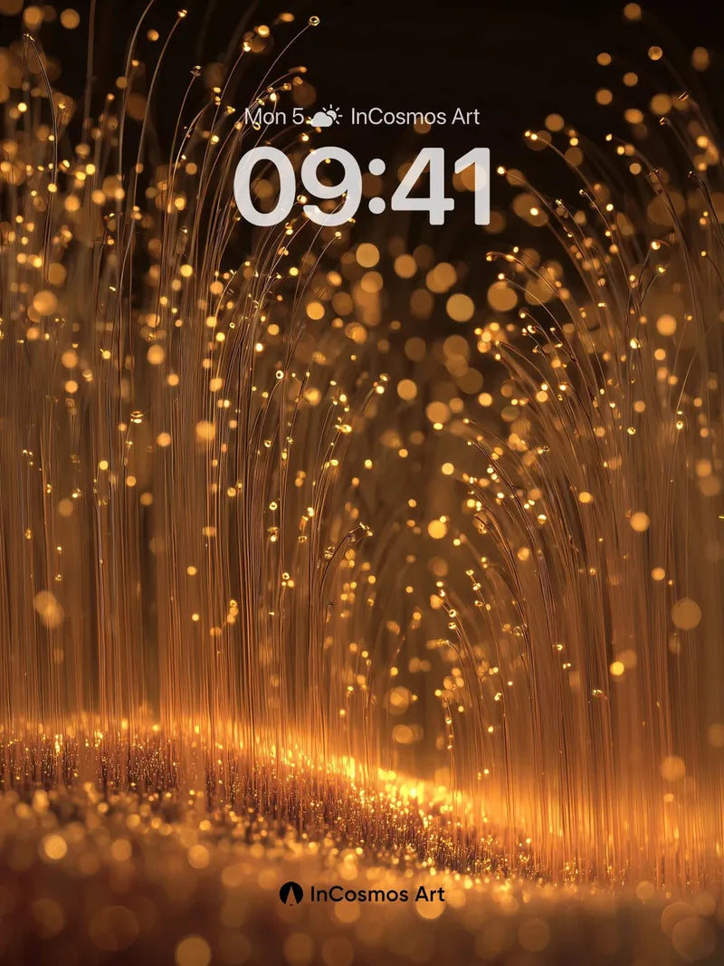 Golden Veil Wallpaper with Floating Light Fibers