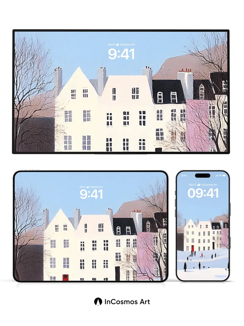 Silent Snowfall Wallpaper with Crimson Door