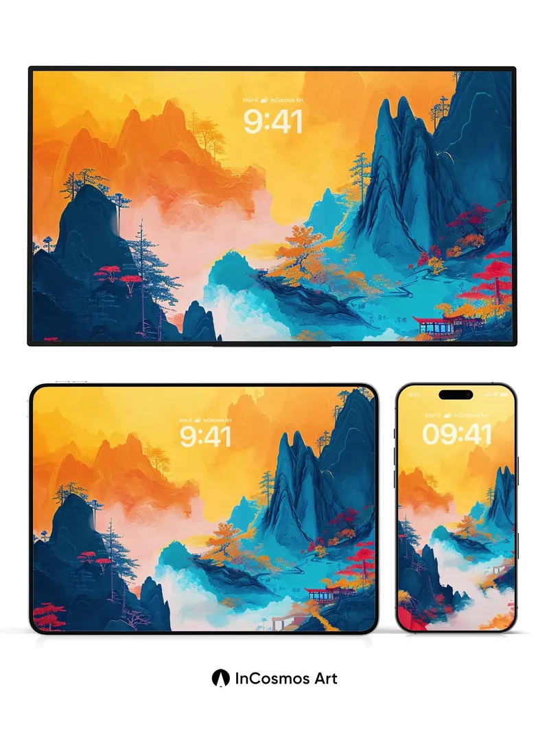 Crimson Mist Wallpaper with Floating Peaks