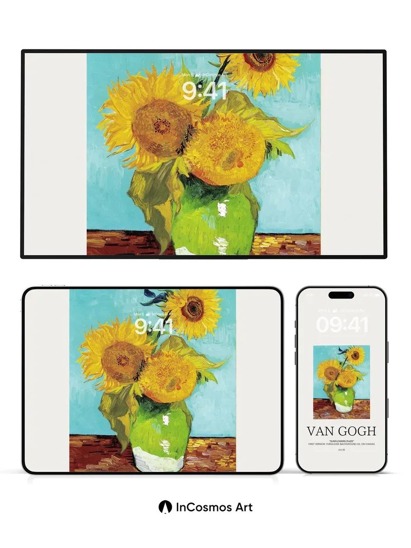 Turquoise Reverie Sunflower Wallpaper with Van Gogh's Brush